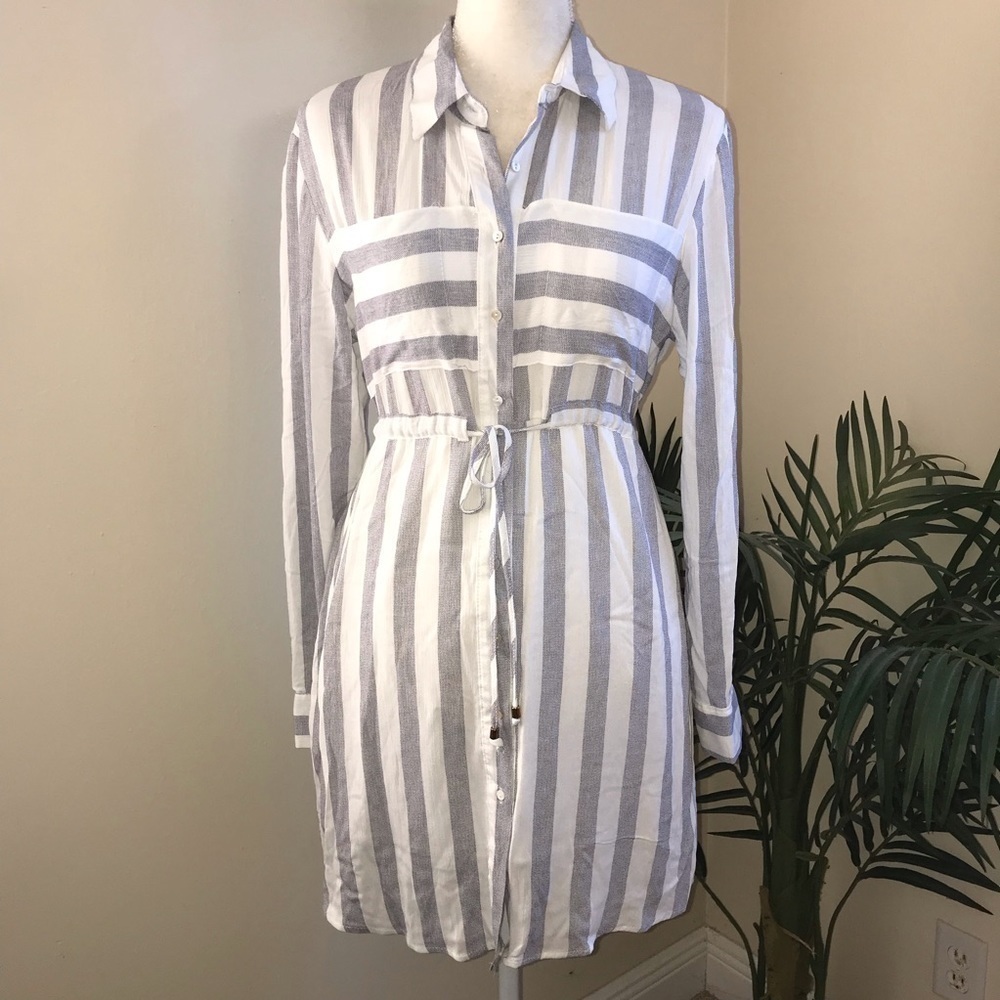 Love Notes Stripe Drawstring Womens Shirt Dress Gray M*